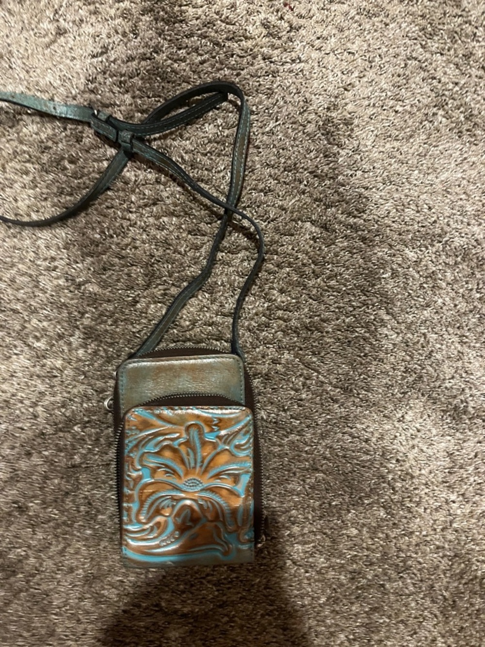 Hand-Tooled Leather Crossbody Phone Bag in Brown with Turquoise Accents